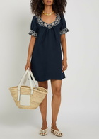Rixo Cristina Floral-embroidered Linen-blend Mini Dress Navy