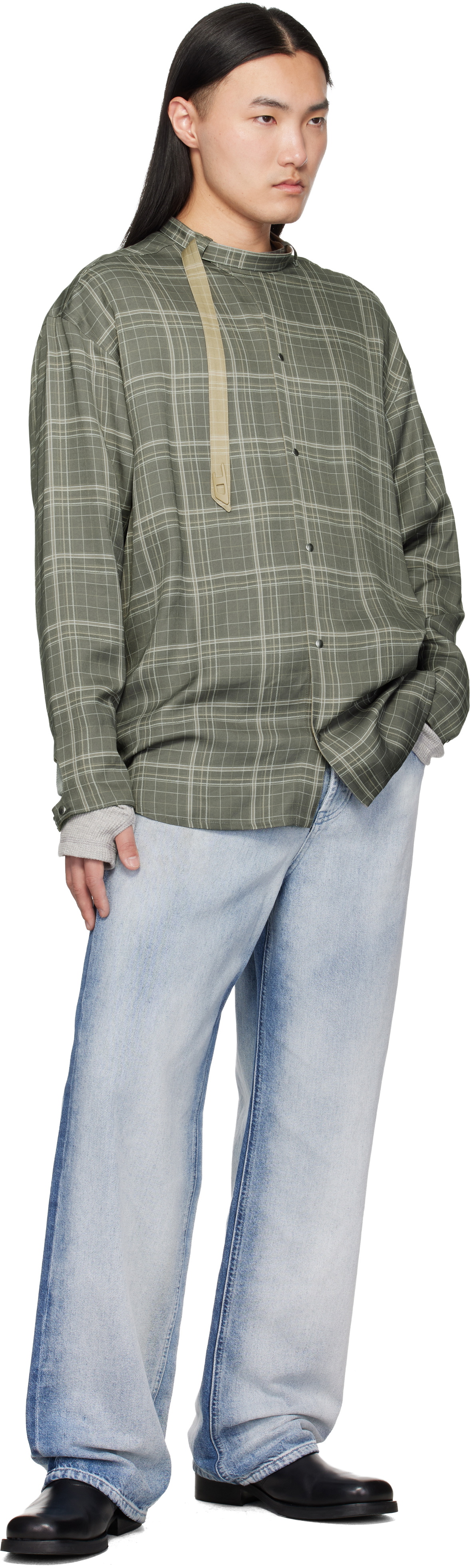 Diesel Gray Check-Satin Biker Details Shirt