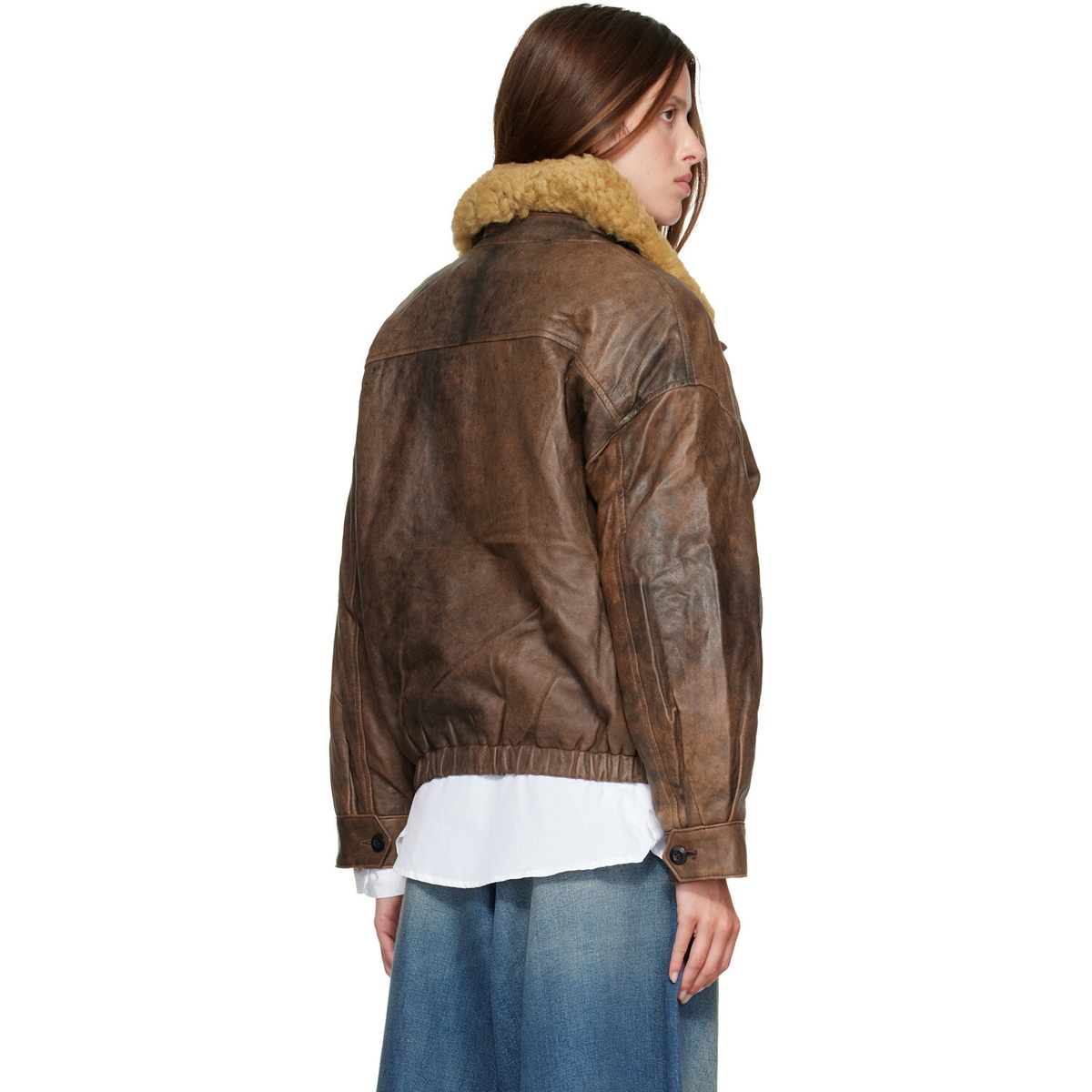 R13 Brown Removable Collar Leather Bomber Jacket