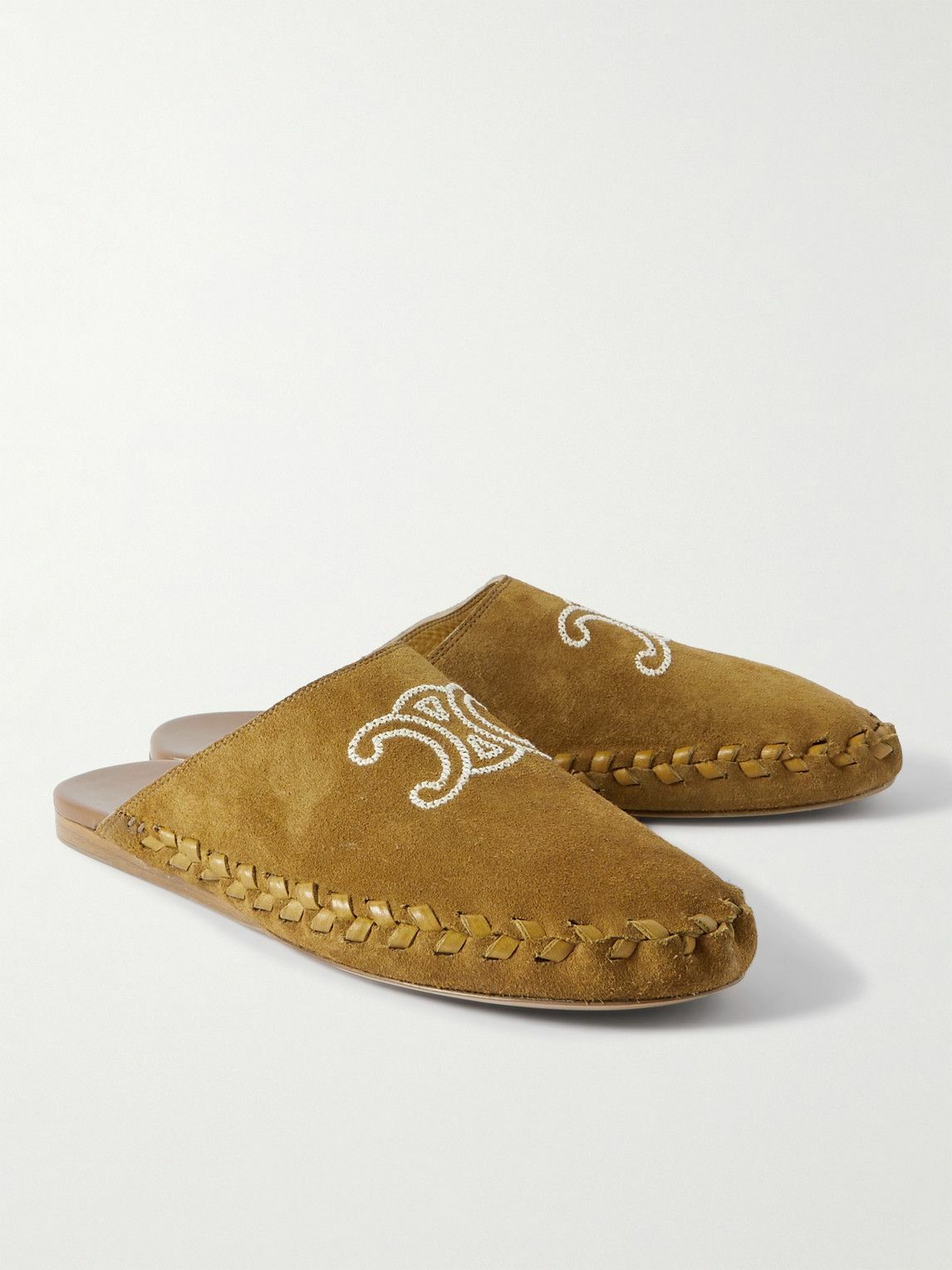 CELINE - Leather-Trimmed Logo-Embroidered Suede Mules - Brown