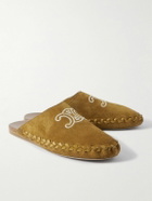 CELINE - Leather-Trimmed Logo-Embroidered Suede Mules - Brown