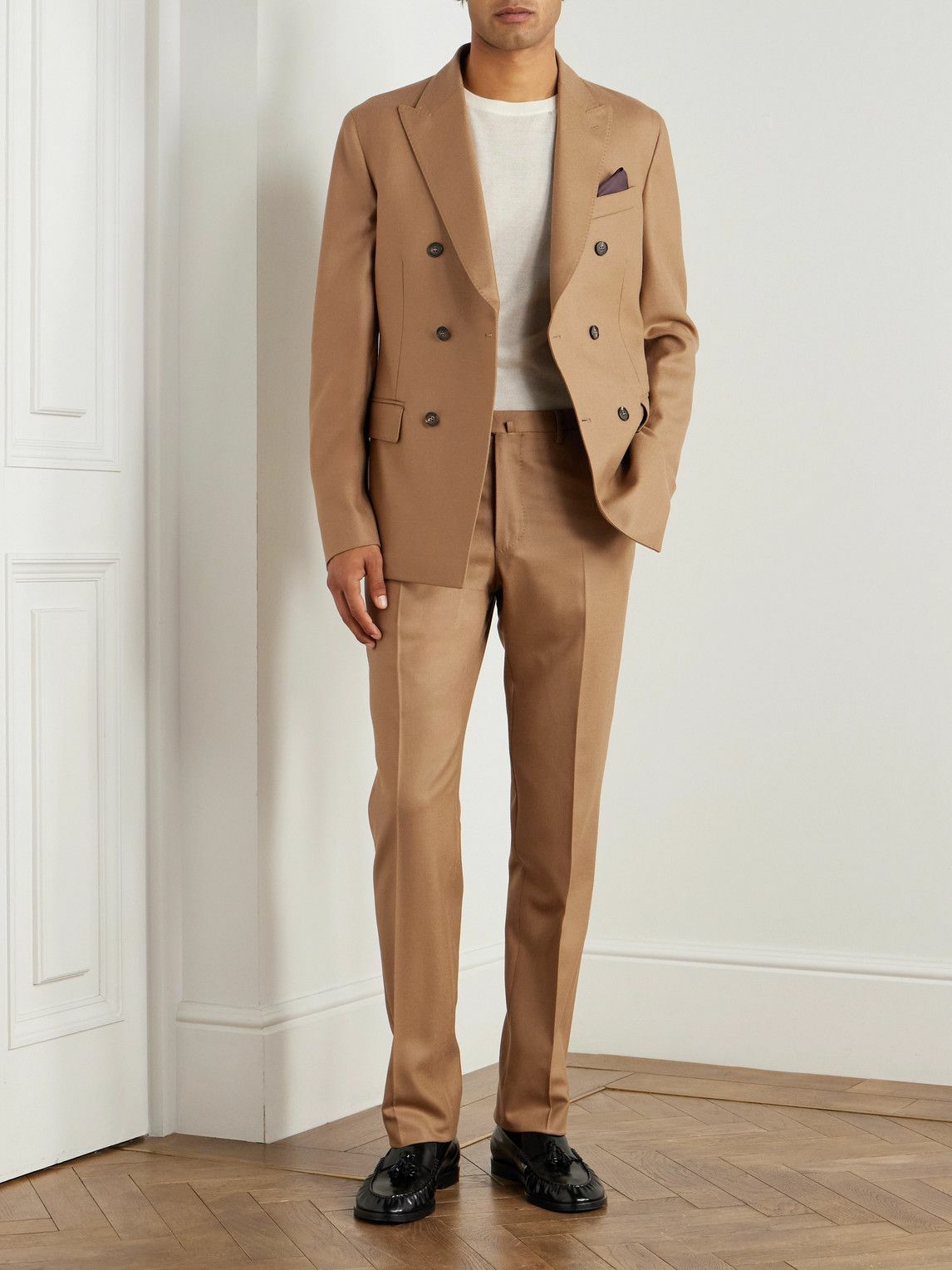 Incotex - Slim-Fit Double-Breasted Virgin Wool-Blend Flannel Suit Jacket - Neutrals