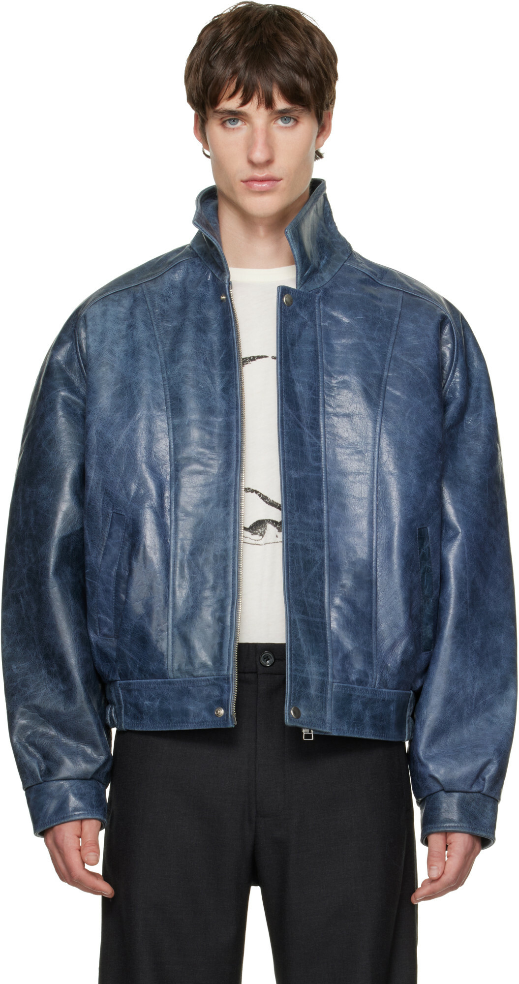 BLUEMARBLE Blue Curved Shoulder Leather Blouson Jacket
