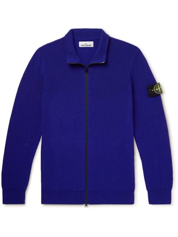 Photo: Stone Island - Logo-Appliquéd Ribbed Cotton Zip-Up Cardigan - Blue