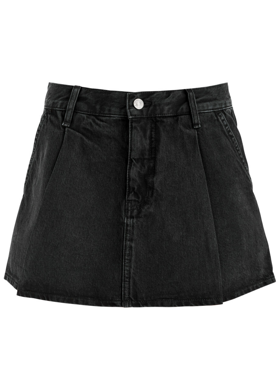 Frame Pleated Denim Mini Skirt Black