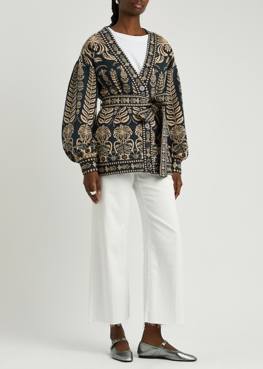 Farm Rio Anika Patterned Belted Knitted Cardigan Dark Blue Farm Rio
