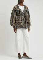 Farm Rio Anika Patterned Belted Knitted Cardigan Dark Blue