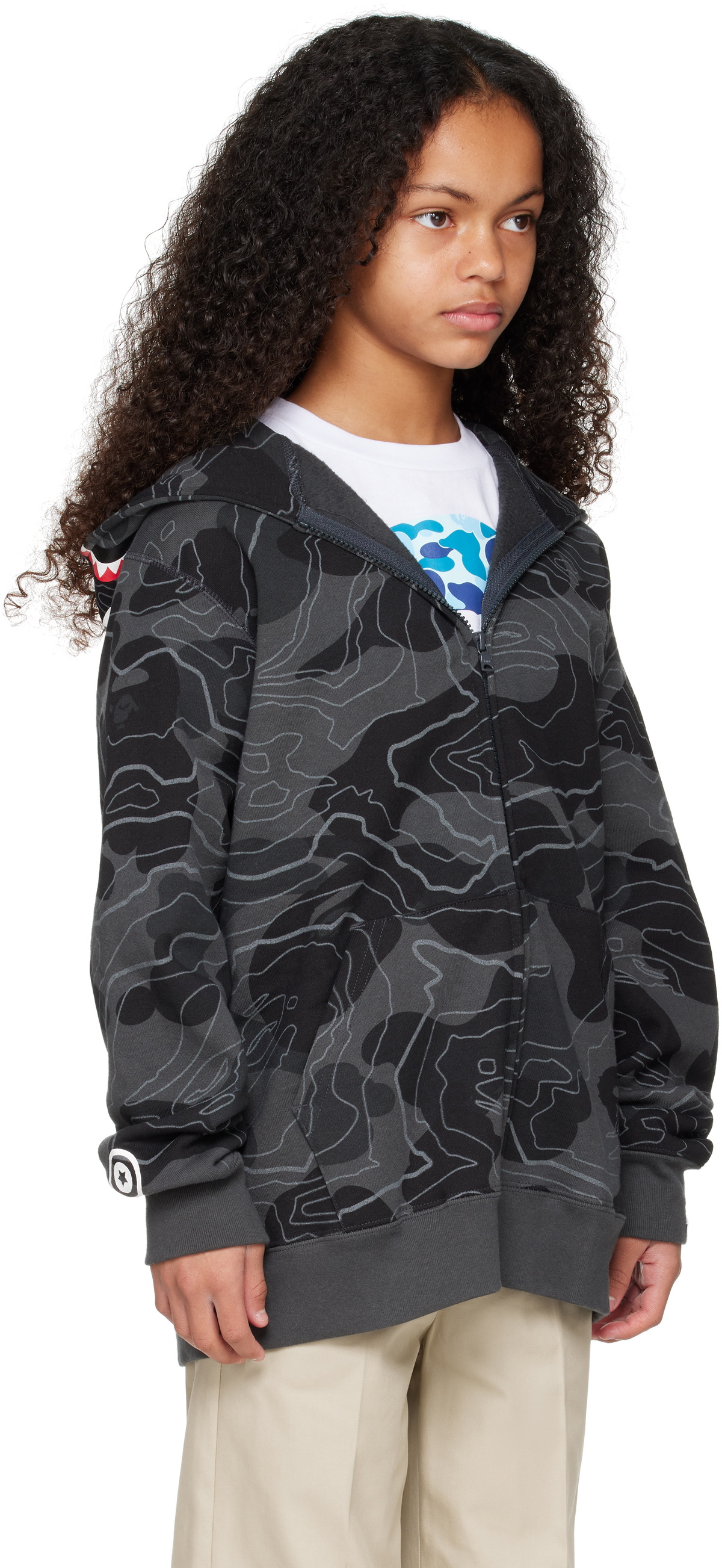 BAPE Kids Black Layered Line Camo Shark Zip Hoodie A Bathing Ape