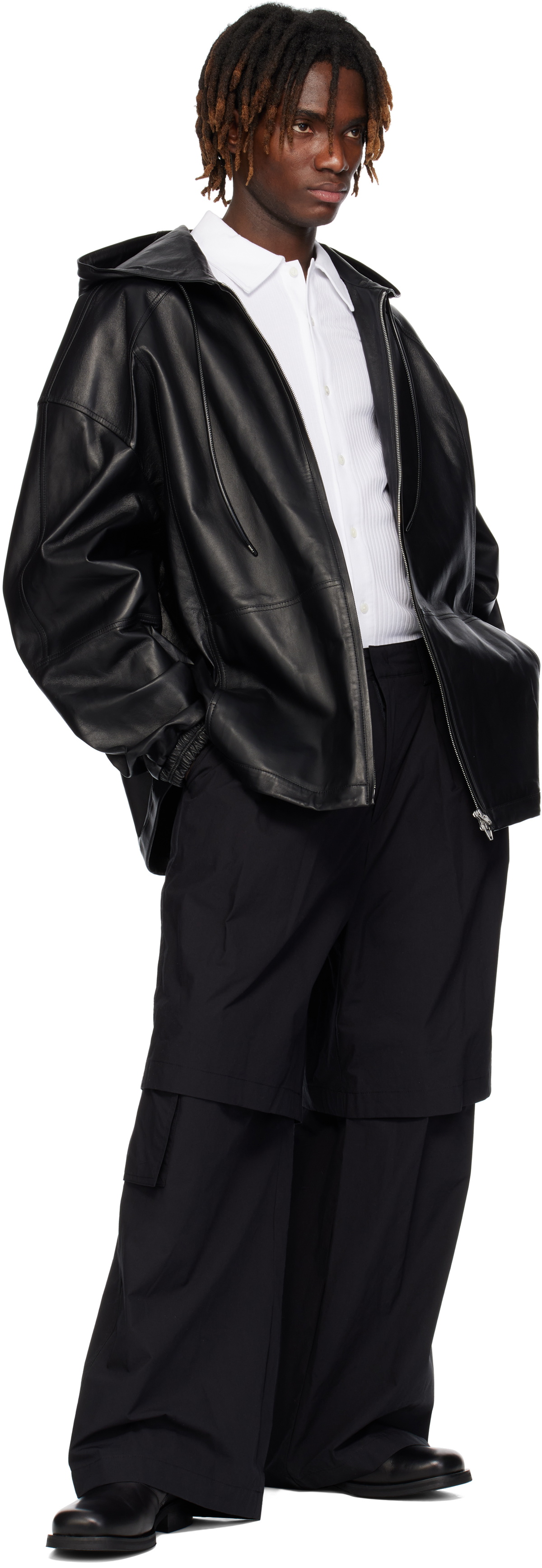 Juun.J Black Hood Zip-Up Leather Jacket