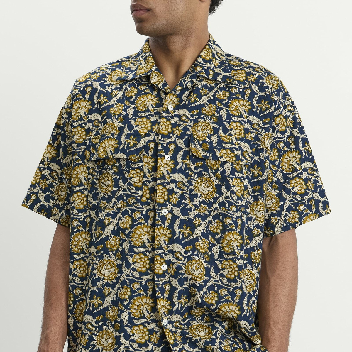 Beams Plus Men's Block Print Open collar Shirt in Blue