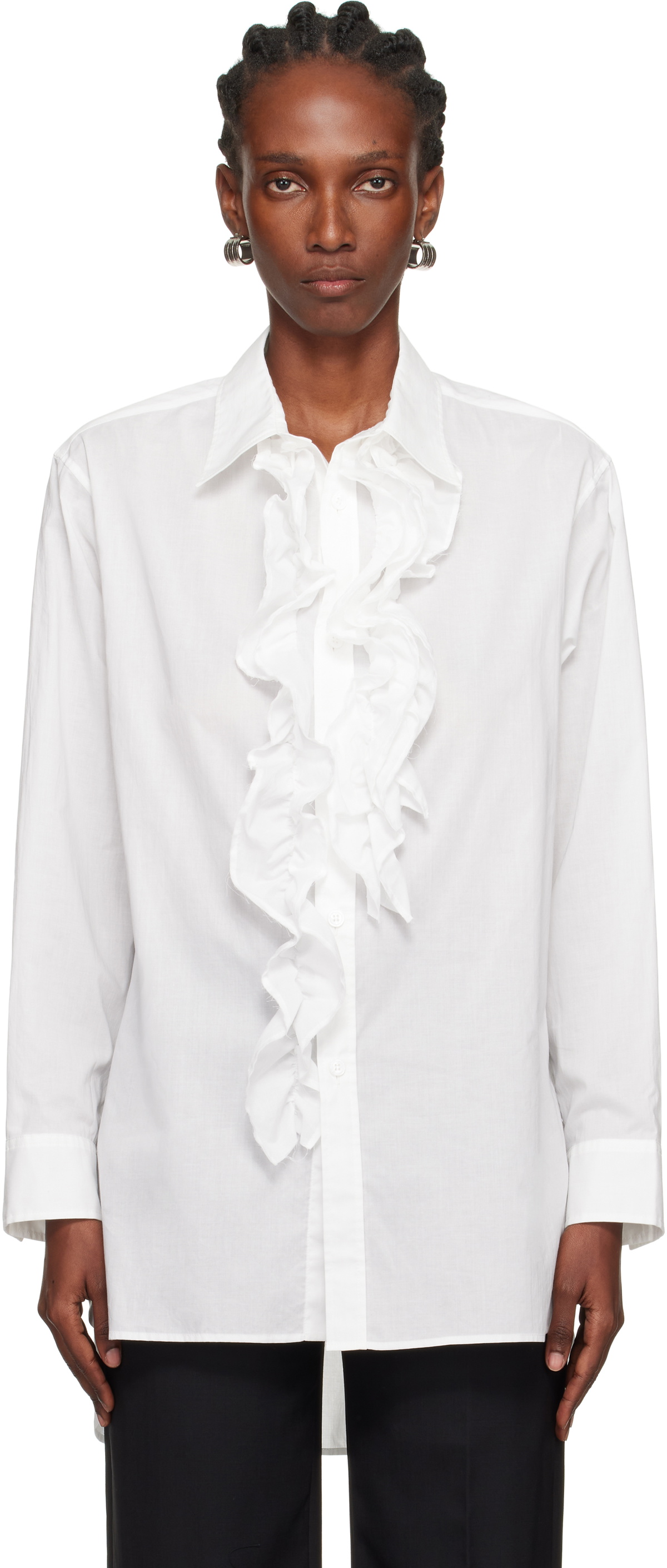 Y's White Cotton Lawn Untrimmed Frill Shirt