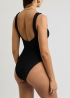 Hunza G - Celine Cut-Out Seersucker Swimsuit, Black, One Size, V-Neck, Cut-Out Ring Detail, Machine Wash, Hunza G Black Swimsuit