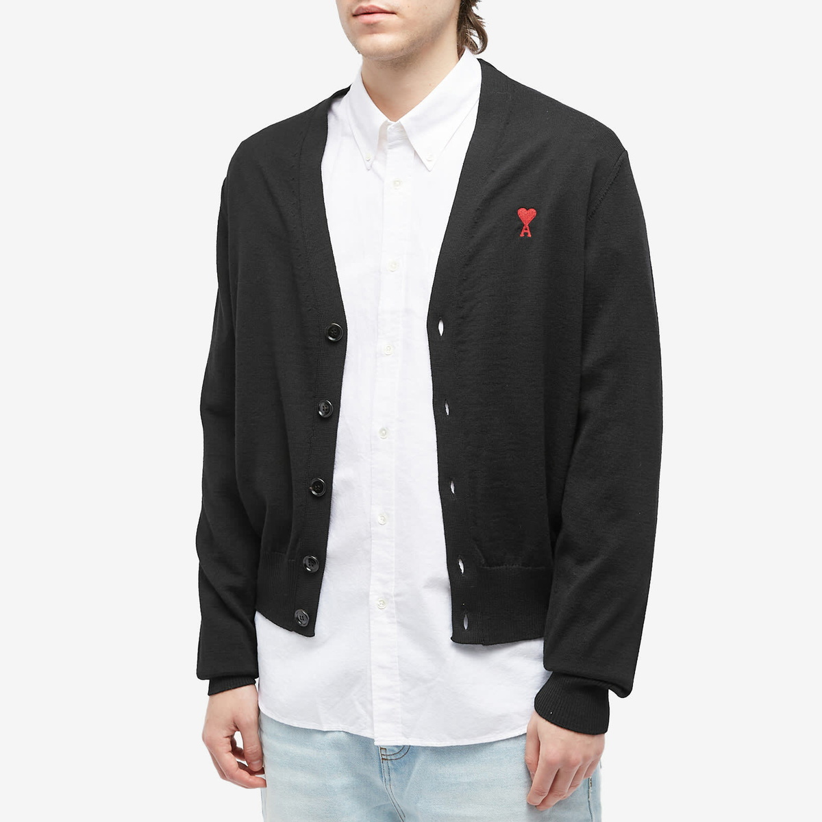 AMI Paris Men's Small A Heart Cardigan in Black