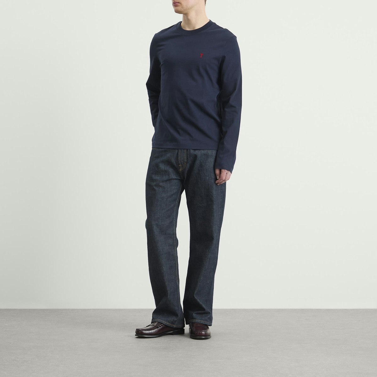 AMI Paris Men's Red Ami De Coeur Long Sleeve T-Shirt in Bleu Nuit