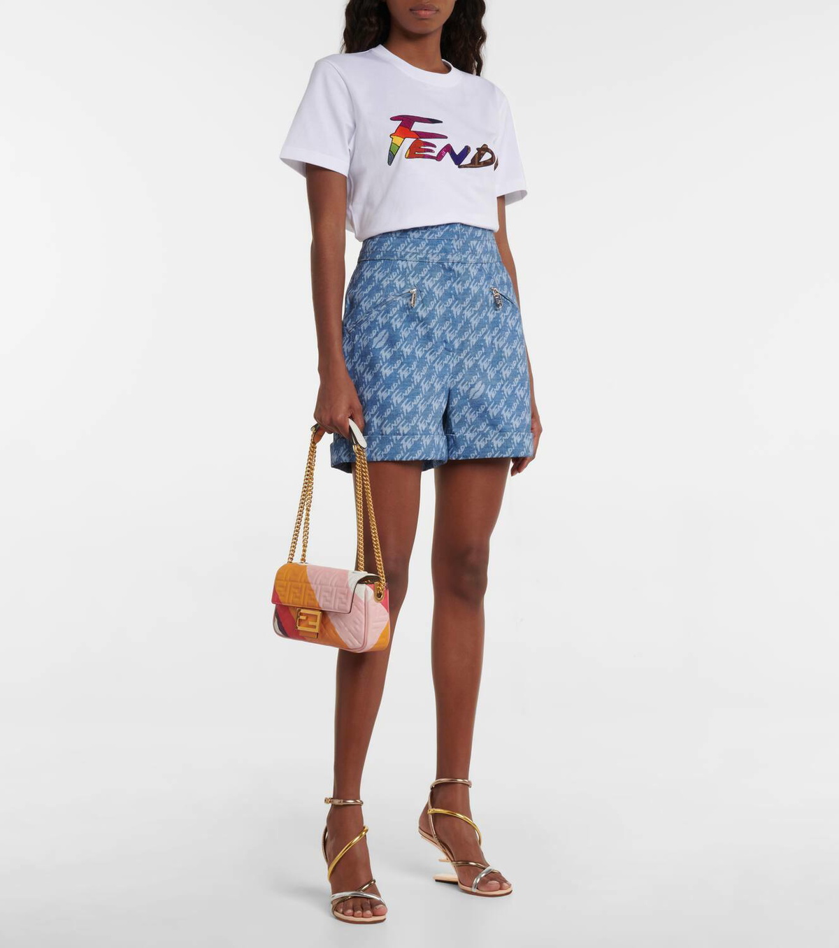 Fendi Logo high-rise chambray shorts