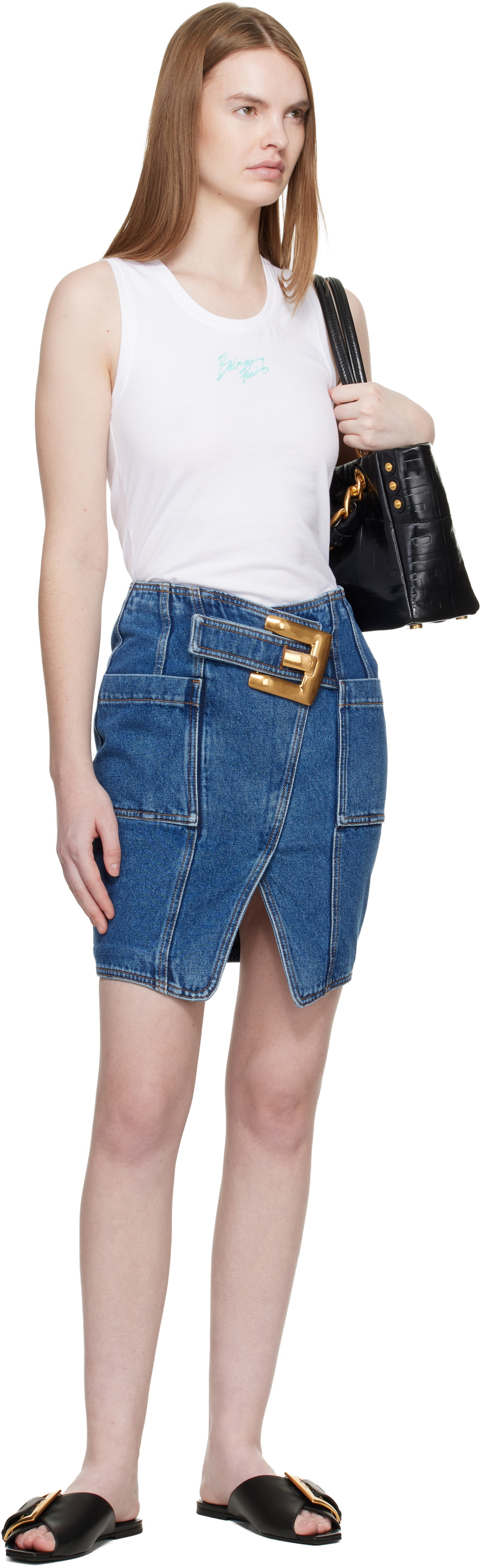 Balmain Blue Short Denim Belt Midi Skirt