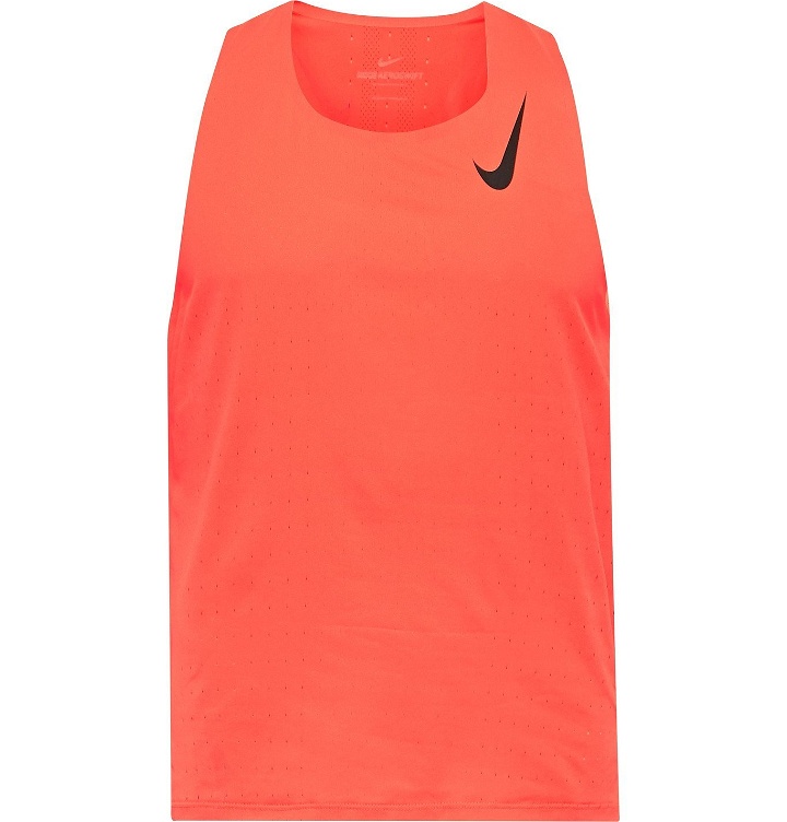 Photo: Nike Running - Aeroswift Logo-Print Perforated Dri-FIT Tank Top - Pink