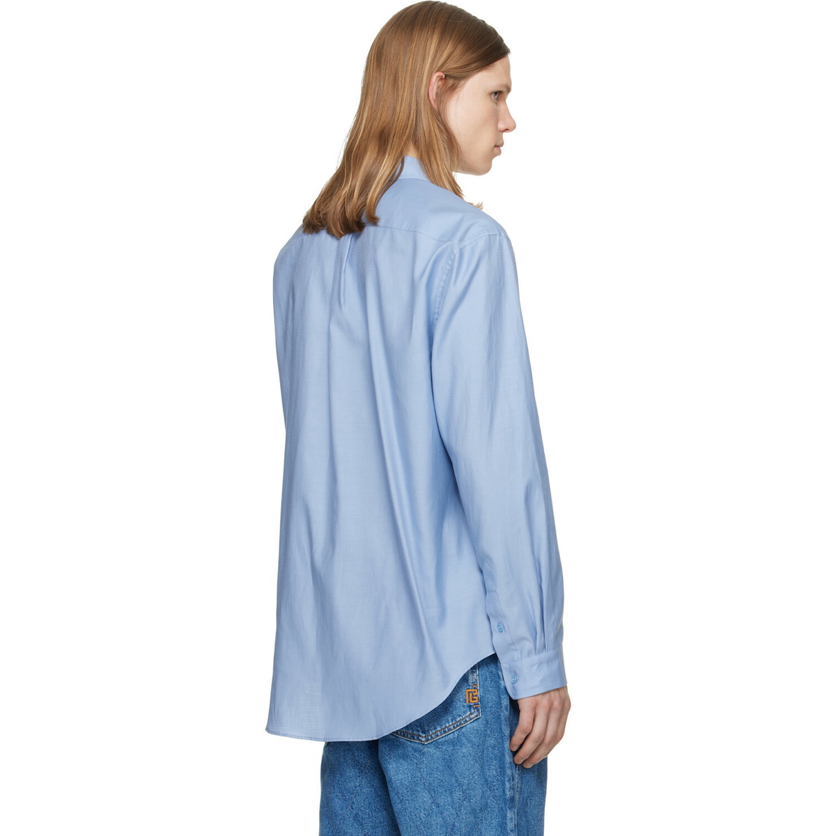 BALMAIN Blue Herringbone Poplin Regular Shirt
