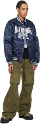 BAPE Navy Solid Camo NYC Logo Varsity Bomber Jacket