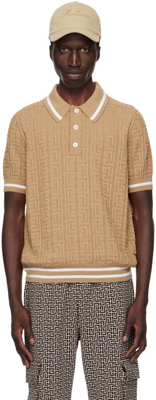 Photo: Balmain Beige 'PB' Labyrinth Polo