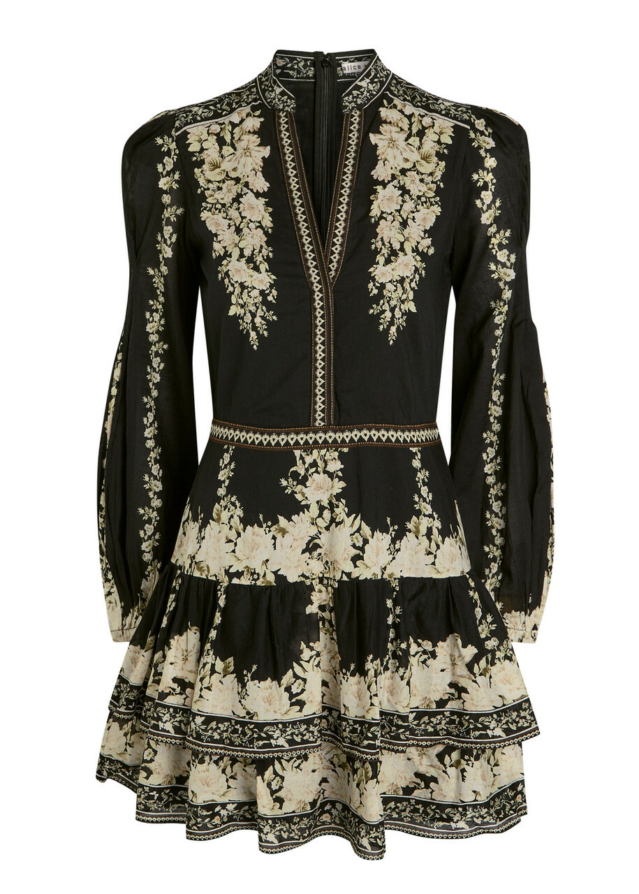 Alice + Olivia Valencia Floral-print Cotton Mini Dress Black
