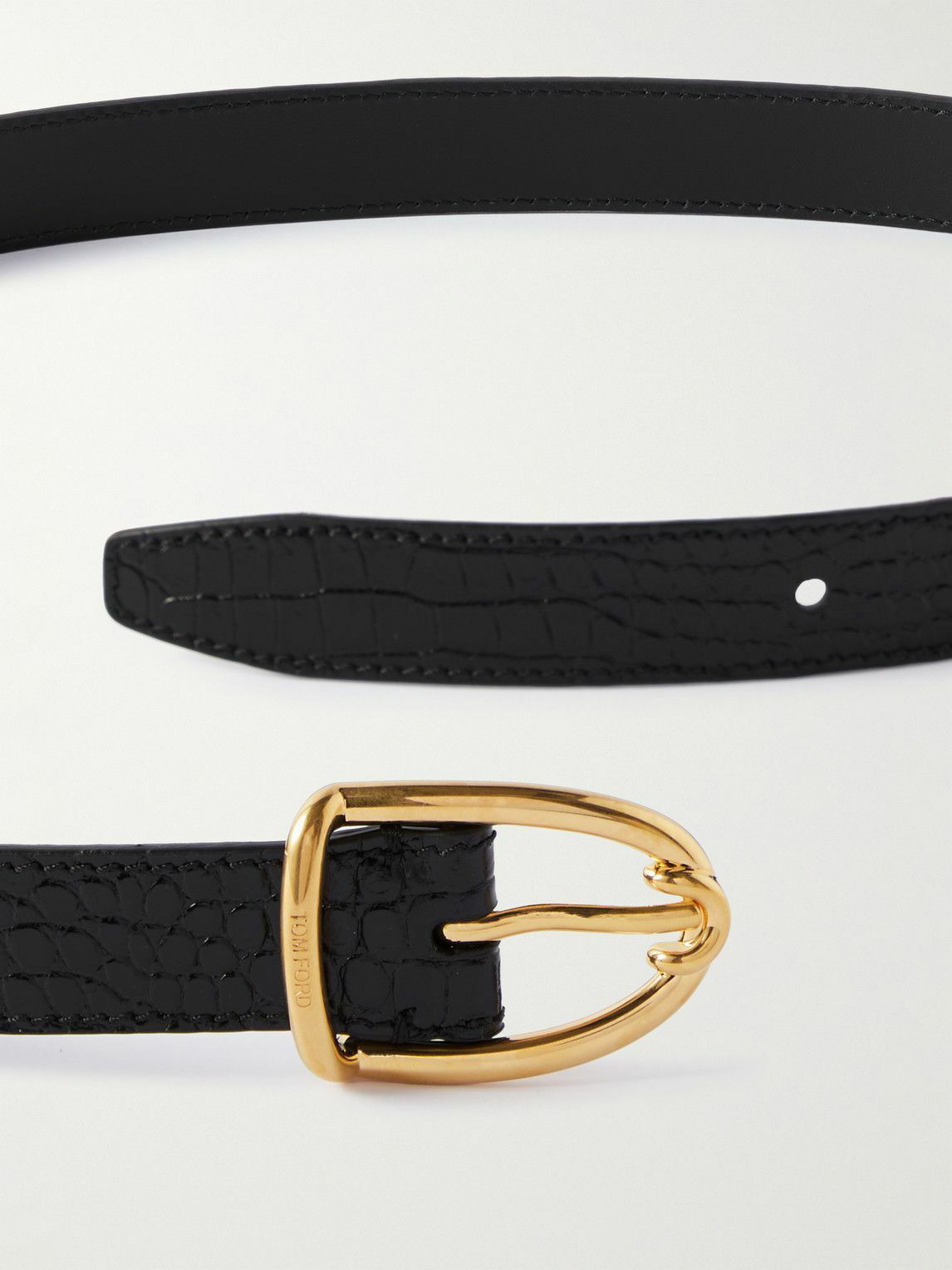 Croc Effect Leather Belt in Black - Tom Ford