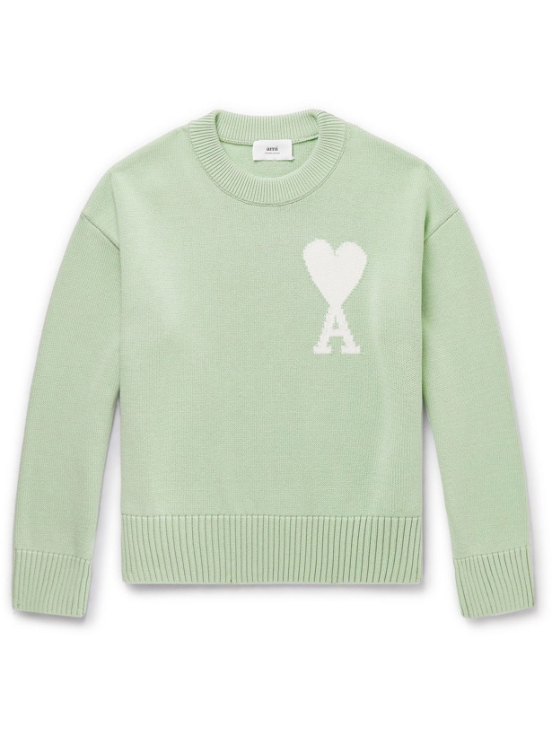 Photo: AMI PARIS - Logo-Intarsia Organic Cotton and Wool-Blend Sweater - Green