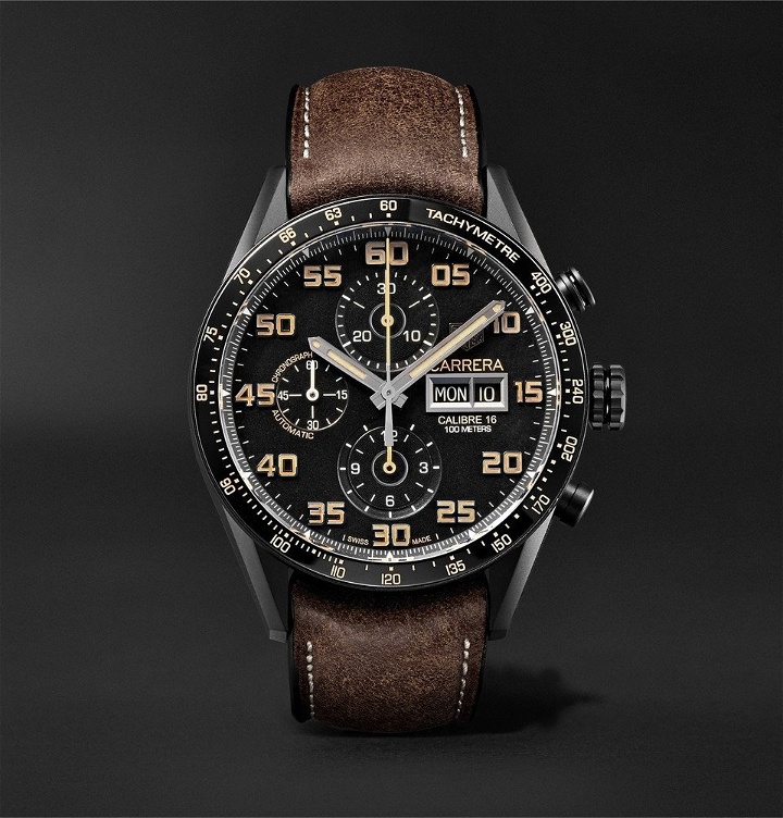 Photo: TAG Heuer - Carrera Automatic Chronograph 45mm Titanium and Leather Watch - Men - Black