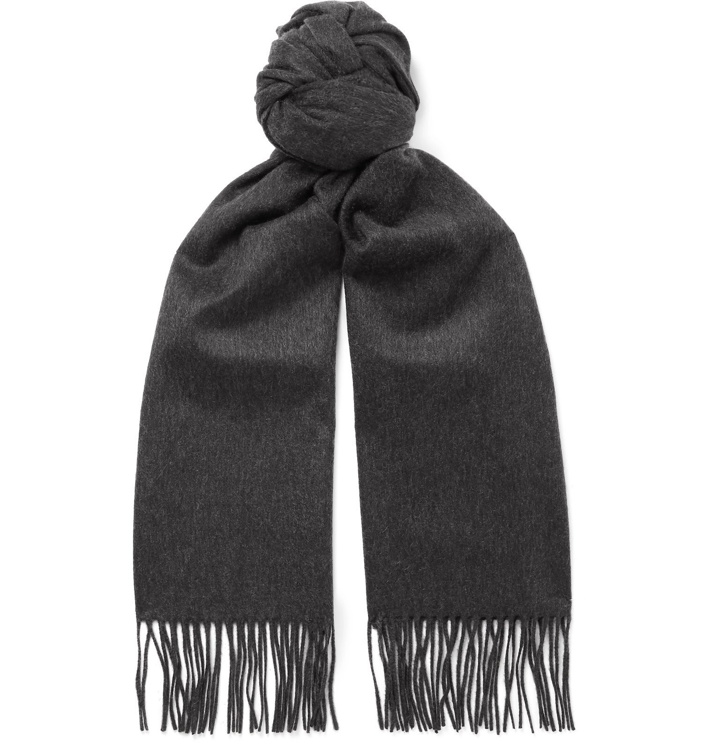 Photo: Johnstons of Elgin - Fringed Checked Cashmere Scarf - Gray