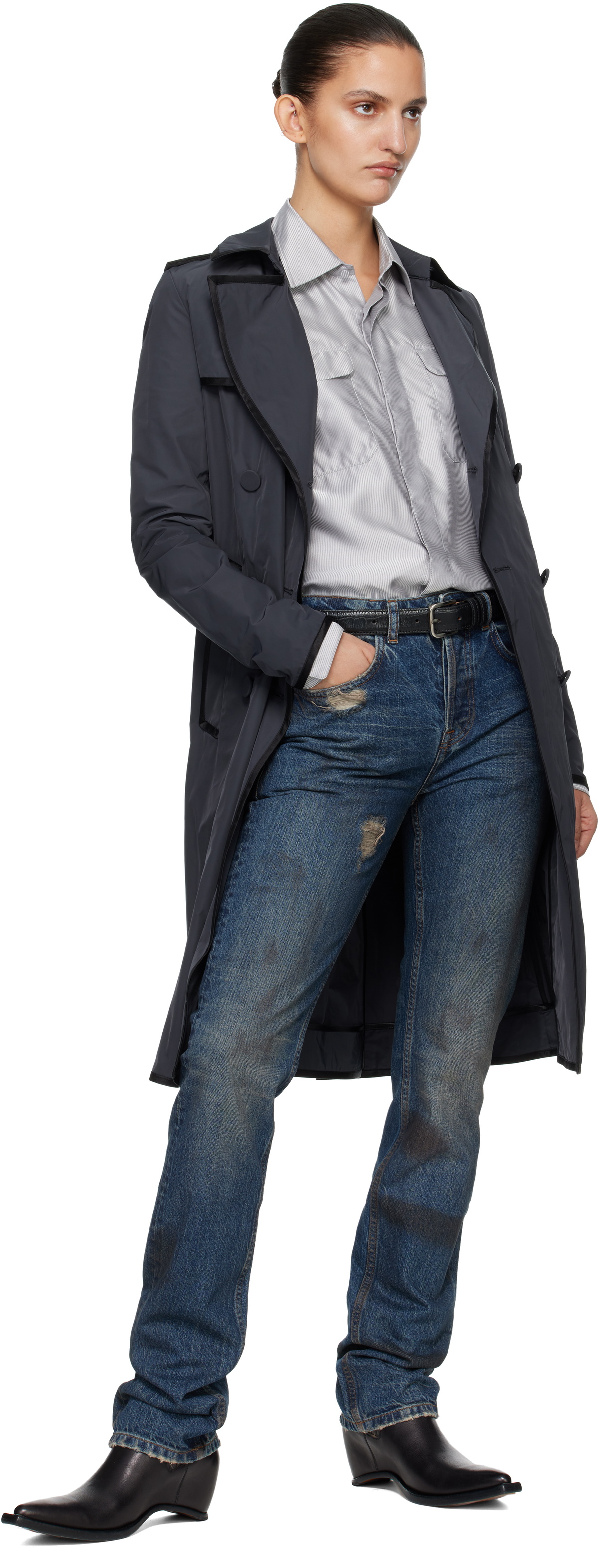 AARON ESH Navy Nylon Trench Coat