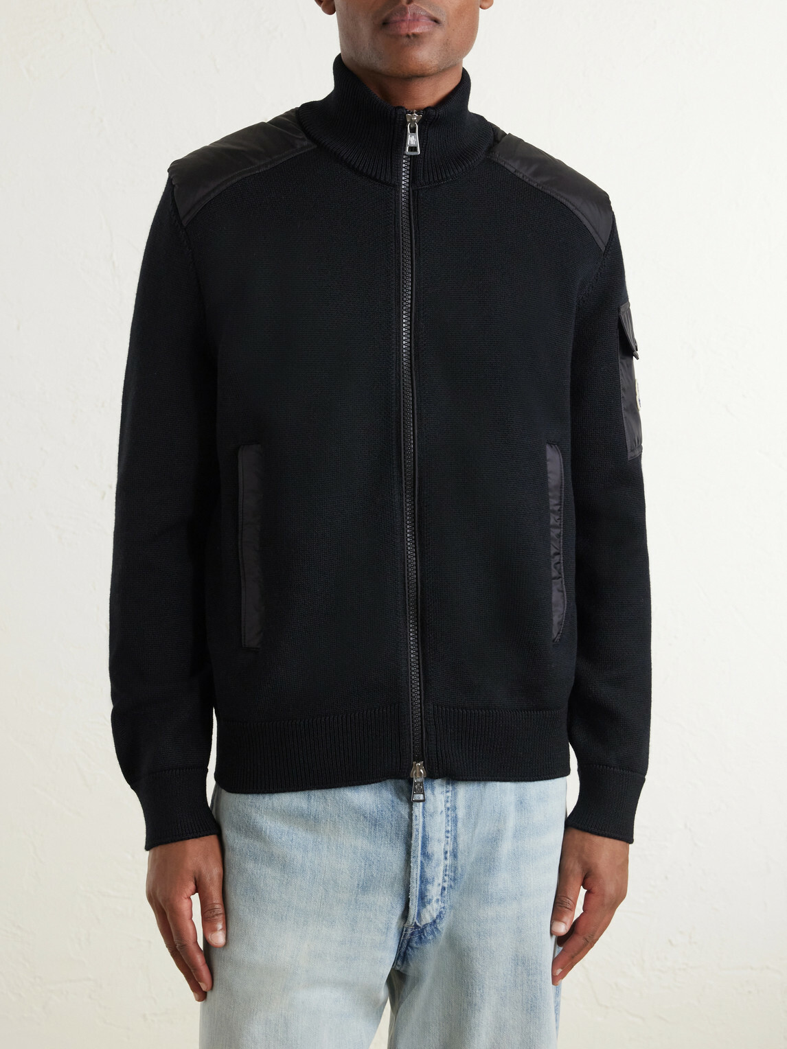 Moncler - Panelled Virgin Wool Zip-Up Cardigan - Black