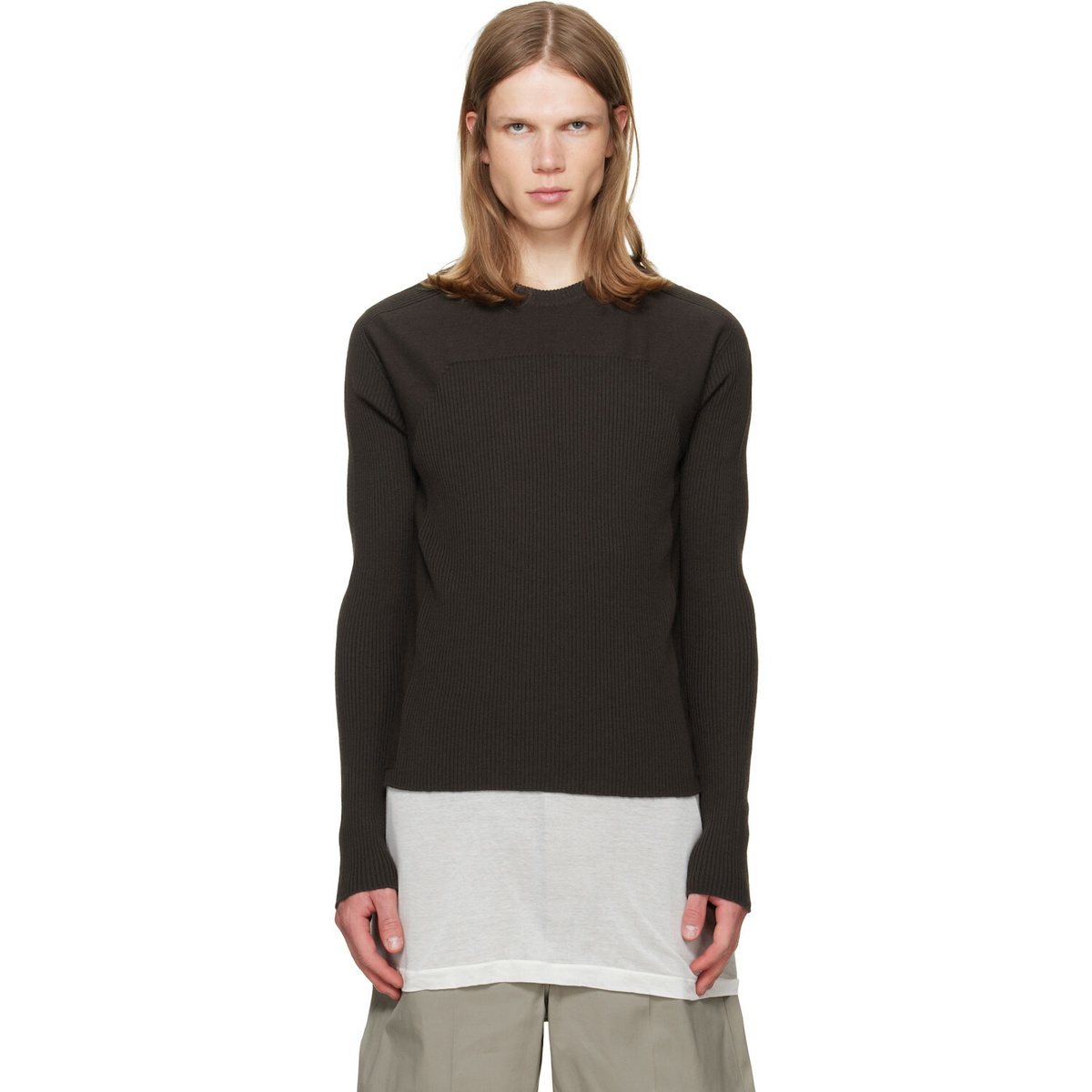 Rick Owens Brown Tower Ribbed Geo Sweater