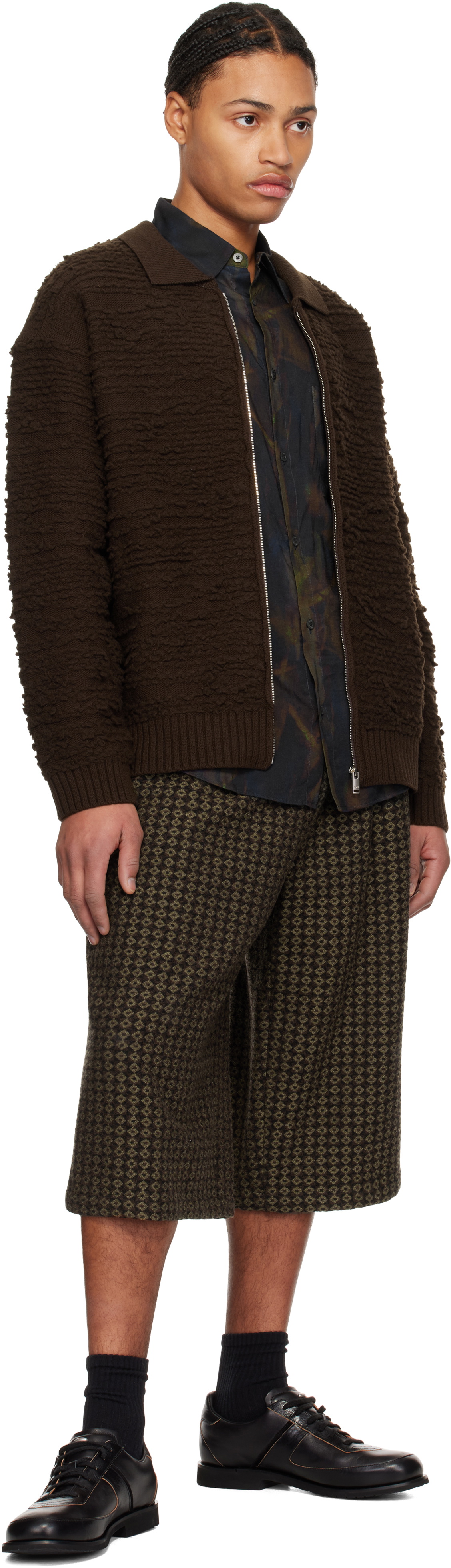 YOKE Brown Random Jacquard Front Zip Cardigan