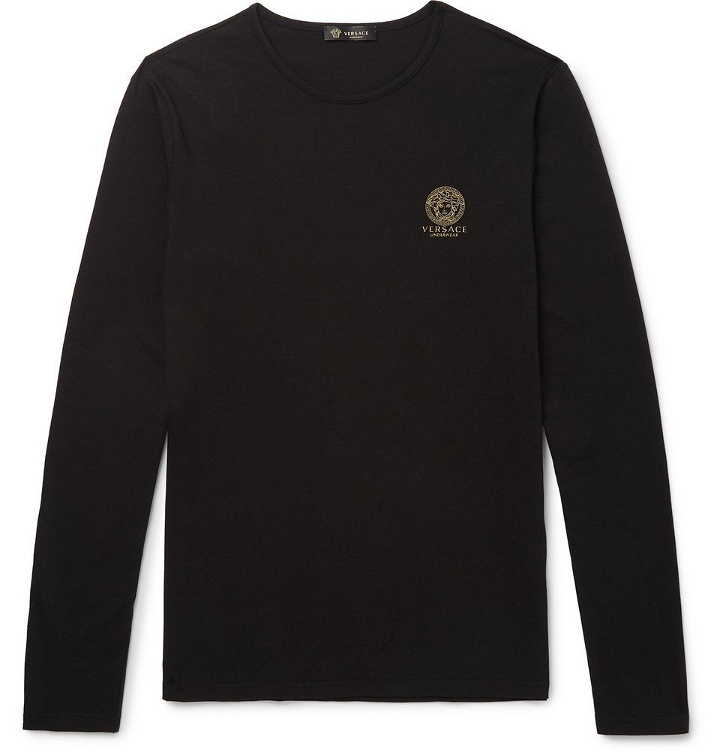 Photo: Versace - Logo-Print Stretch Cotton-Blend T-Shirt - Black