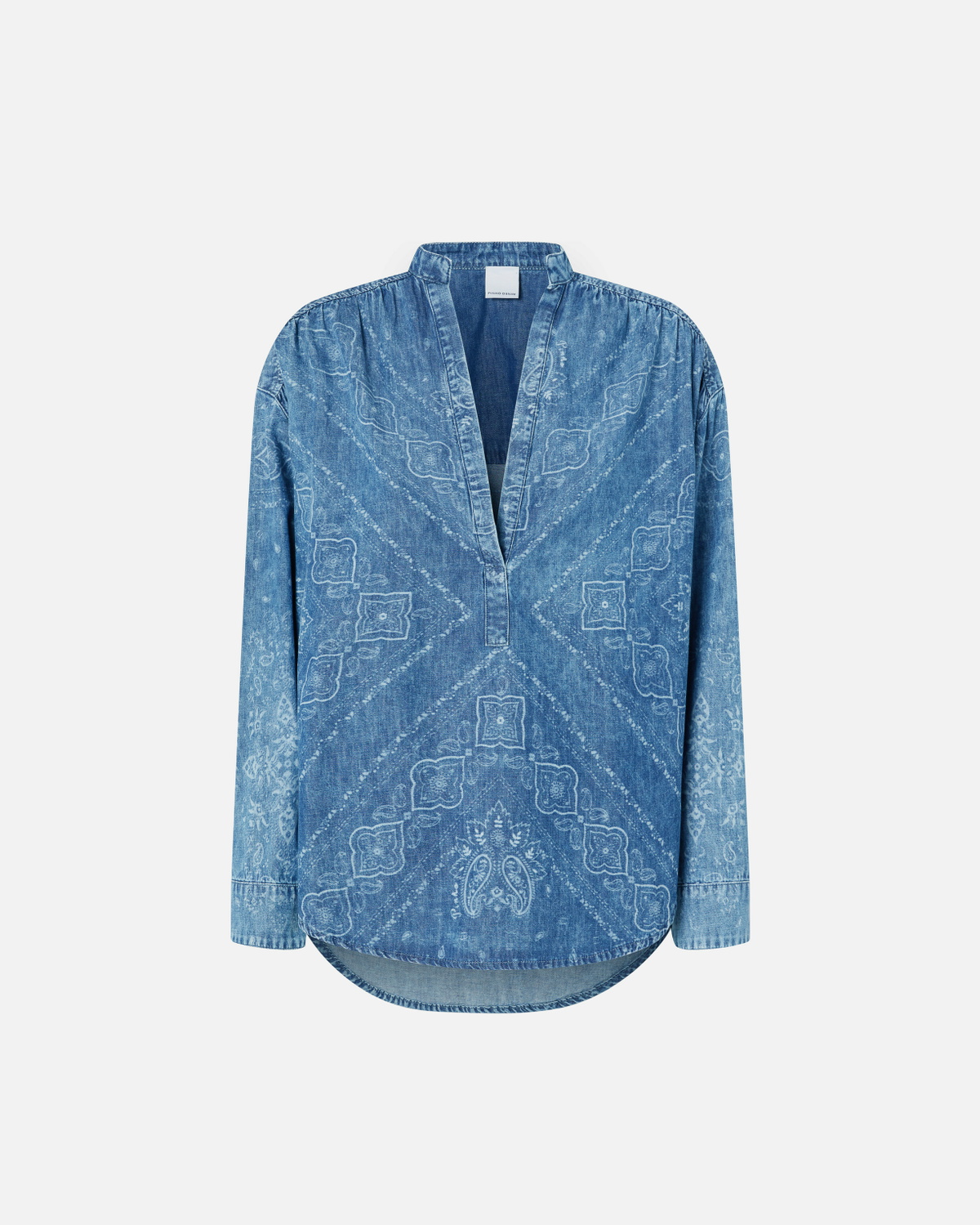 Pinko V Neck Bandana Print Denim Blouse Light Wash