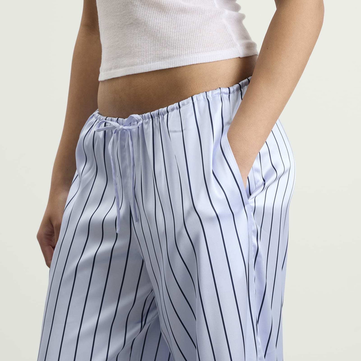 SKIMS Women's Woven Shine Pant With Lace in Powder Blue Stripe