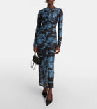 Ganni Printed ruched mesh maxi dress