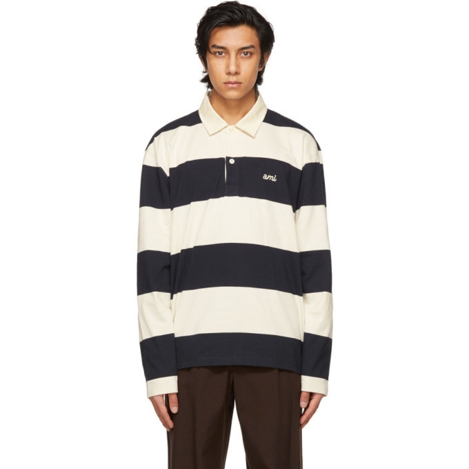 Photo: AMI Alexandre Mattiussi Navy and Off-White Striped Rugby Polo