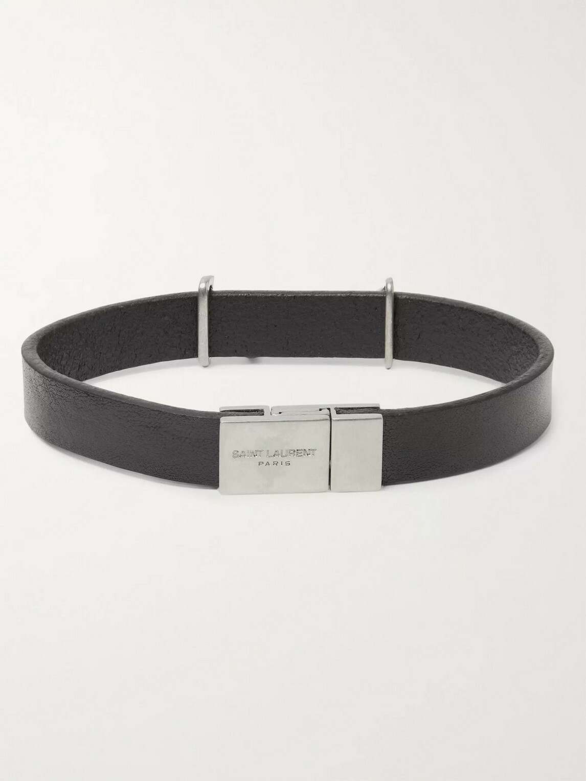 SAINT LAURENT - Logo-Detailed Burnished Silver-Tone and Leather Bracelet - Black