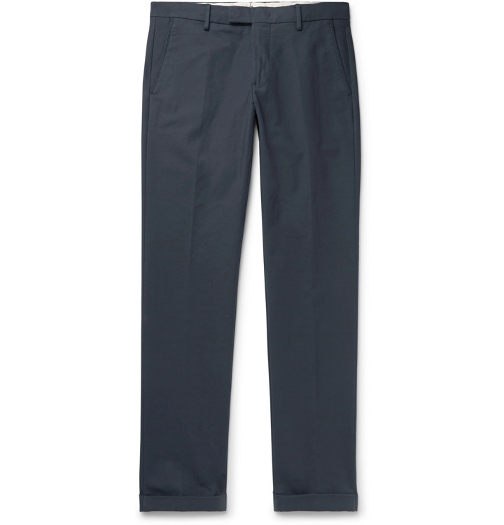 Photo: NN07 - Navy Scott Slim-Fit Tapered Stretch-Cotton Trousers - Blue