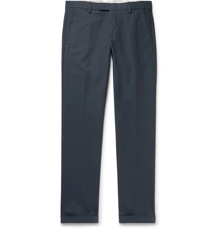 Photo: NN07 - Navy Scott Slim-Fit Tapered Stretch-Cotton Trousers - Blue