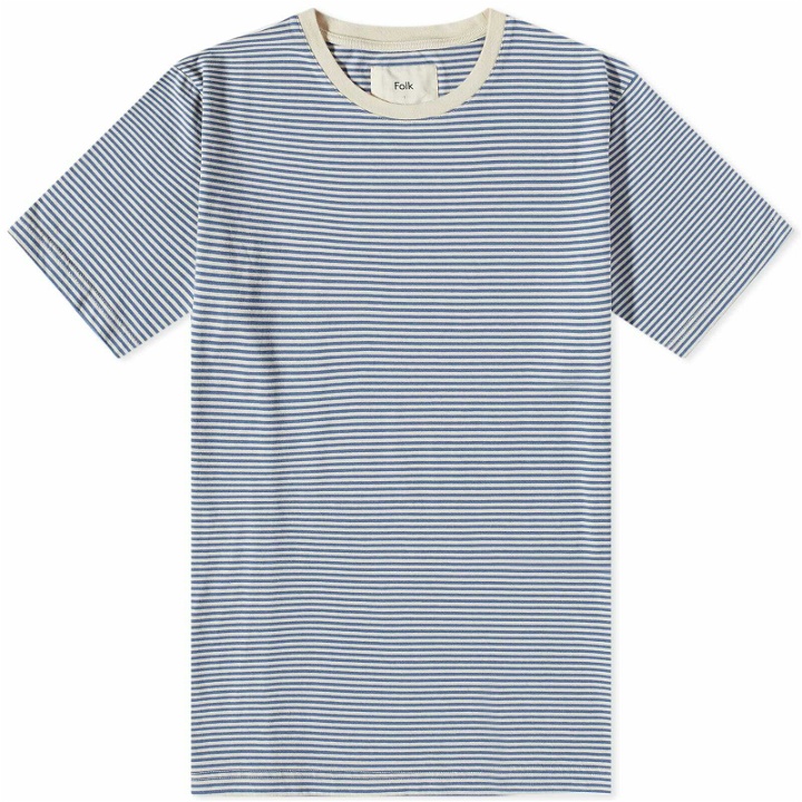 Photo: Folk Men's Stripe T-Shirt in Cobalt Ecru