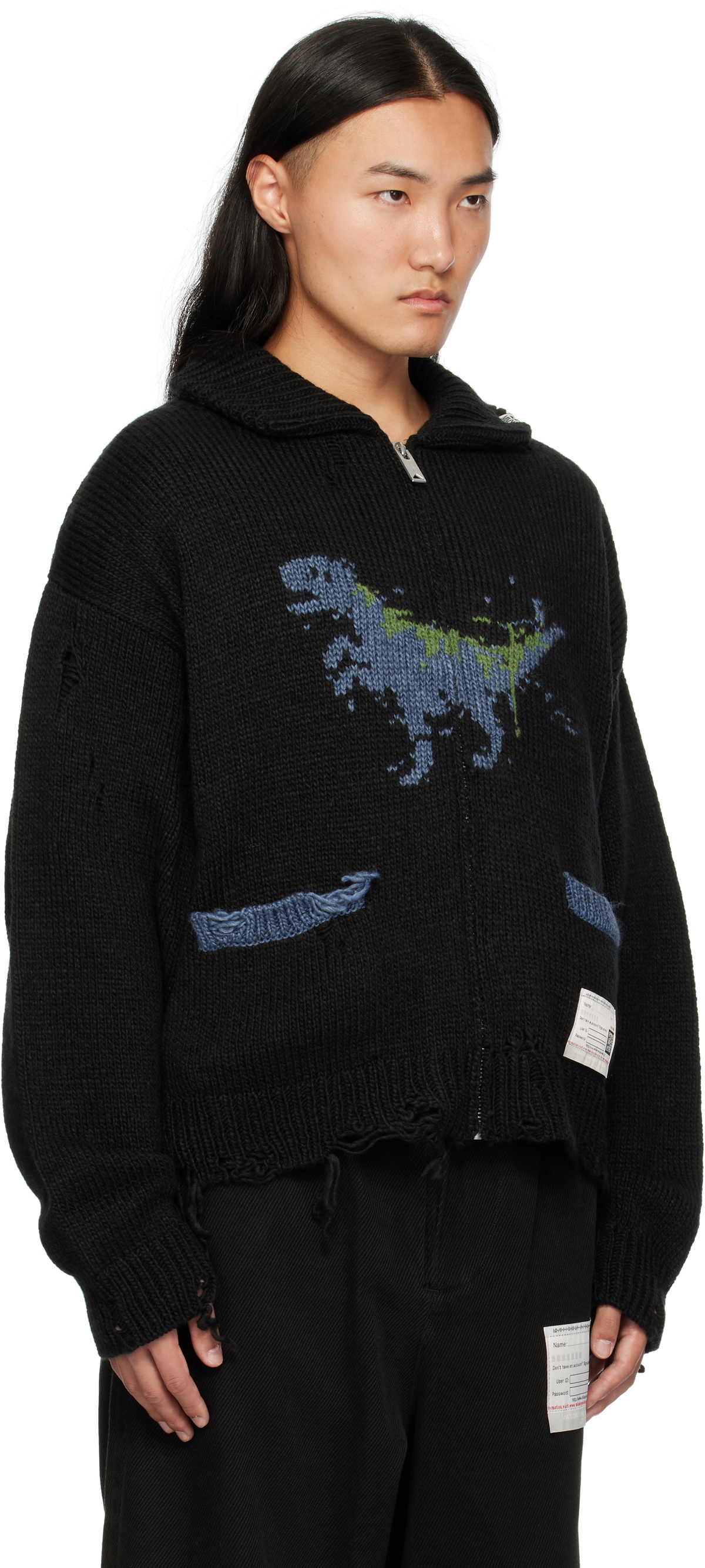 Maison MIHARA YASUHIRO Black Dinosaur Zip-Up Knit Cardigan