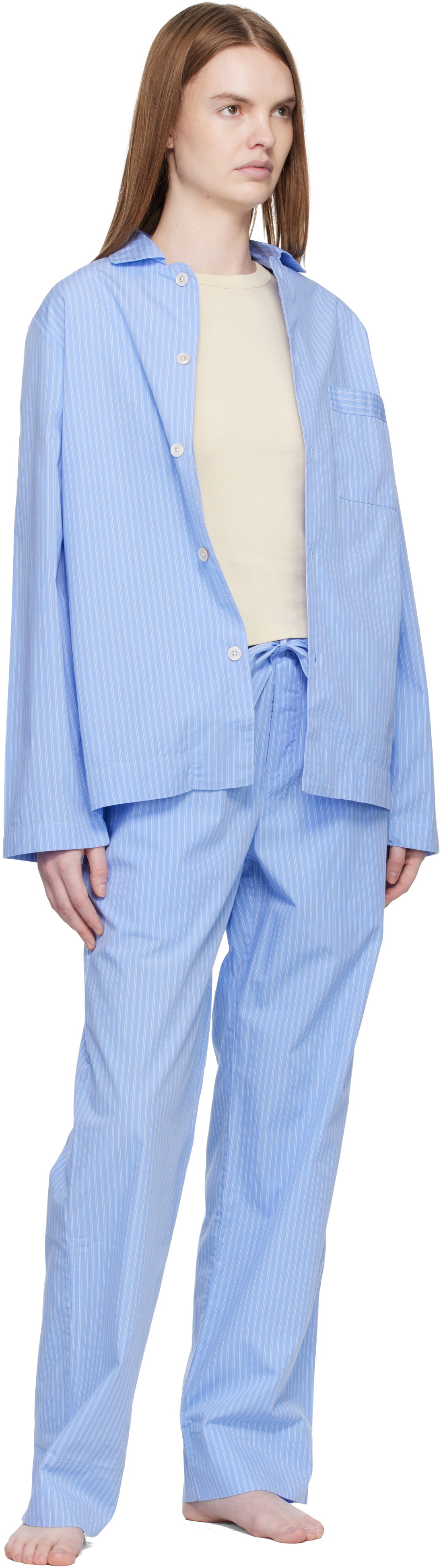Tekla Blue Poplin Long-Sleeved Pyjama Shirt