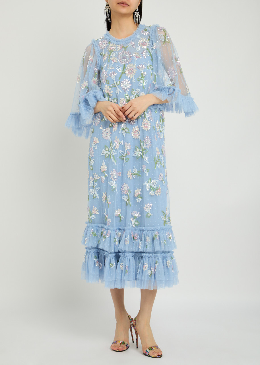 Needle & Thread Gloss Floral-embellished Tulle Midi Dress Blue