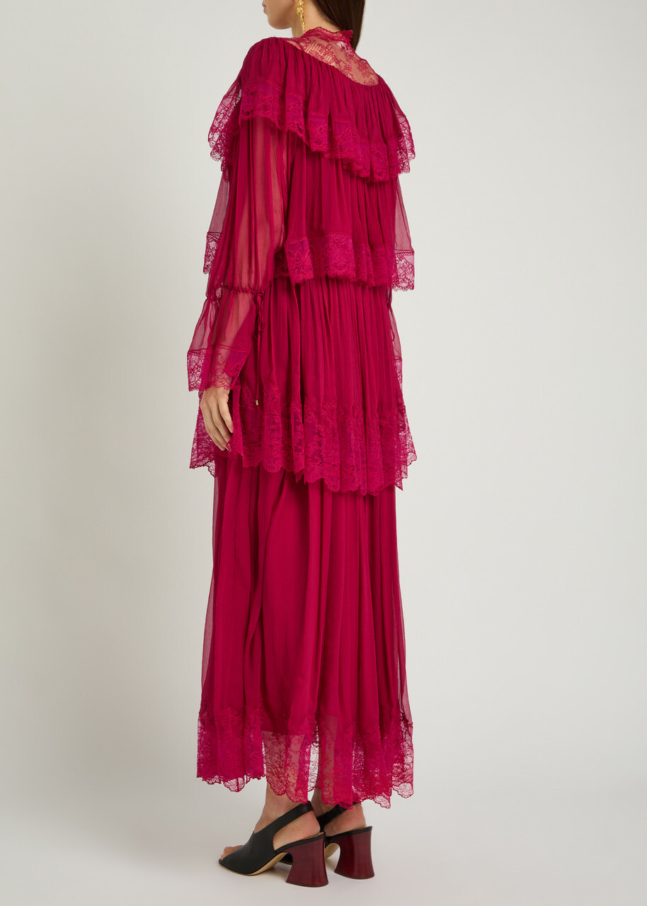 Chloe Ruffled Lace-trim Tiered Silk Maxi Dress Pink