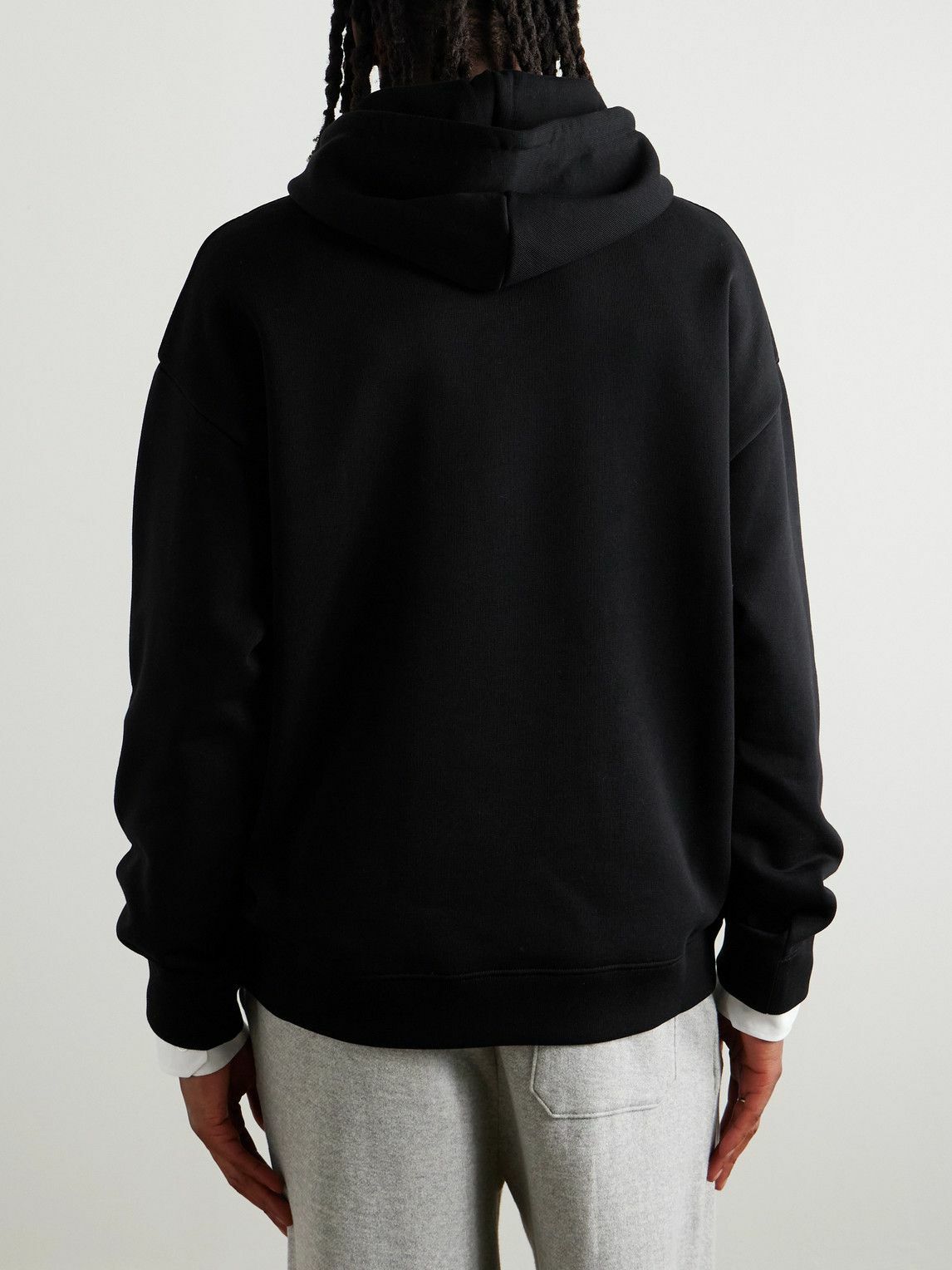 LOEWE - Logo-Debossed Leather-Trimmed Cotton-Jersey Hoodie - Black