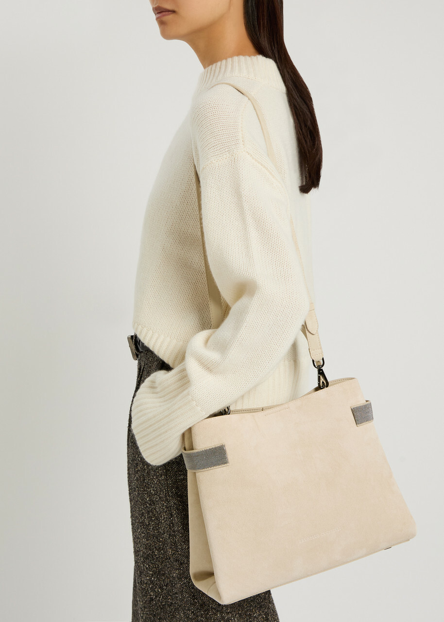 Brunello Cucinelli Stud-embellished Suede top Handle bag - Ivory - One Size