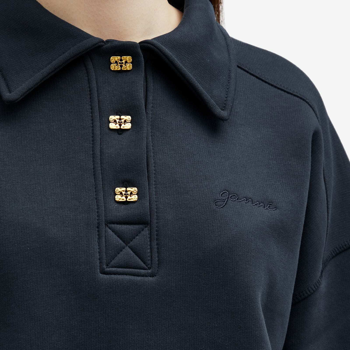 GANNI Women's Heavy Fleece Drop Shoulder Polo in Sky Captain GANNI