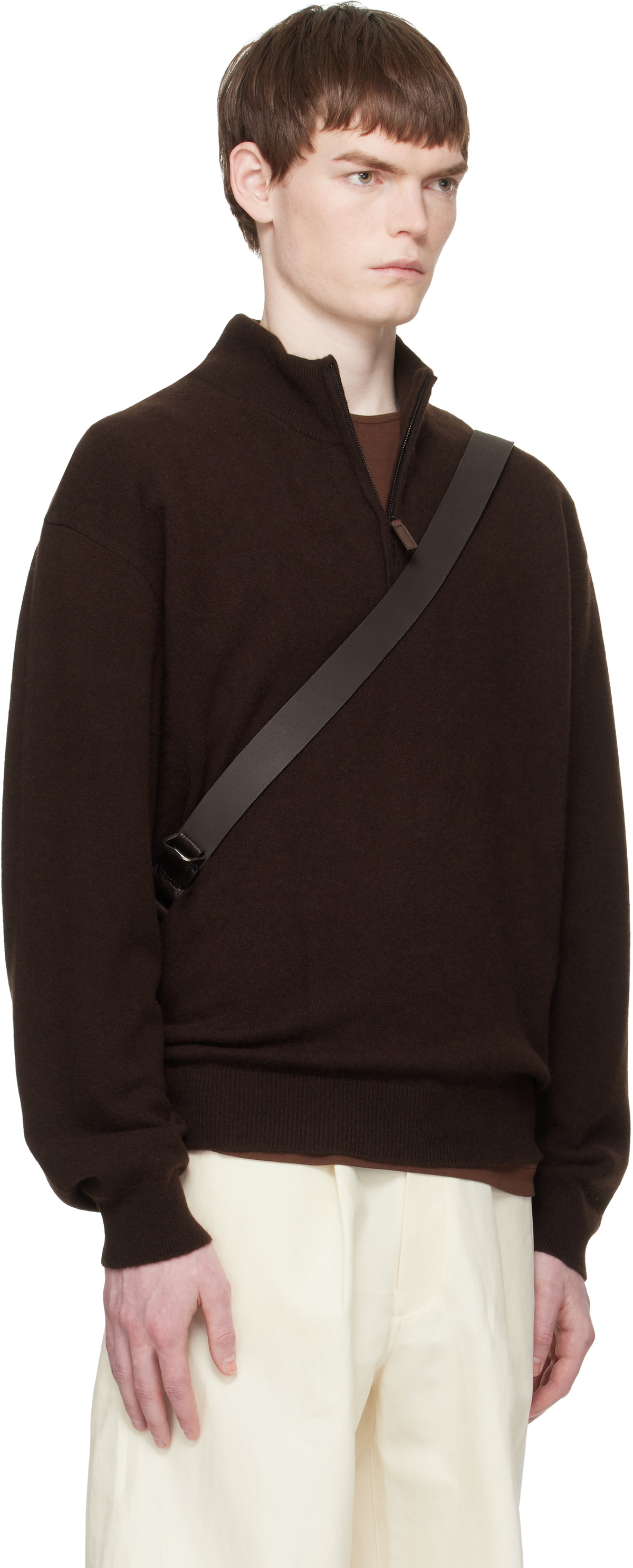 stein Brown Pure Cashmere Knit Half Zip LS Sweater